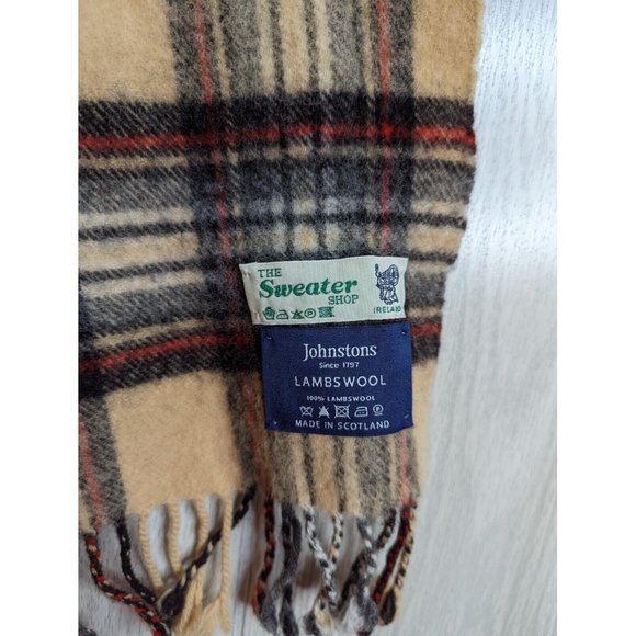 Johnstons Scarf 100% Lambswool Fringe Made In Scotland Tan Plaid READ - Picture 3 of 4
